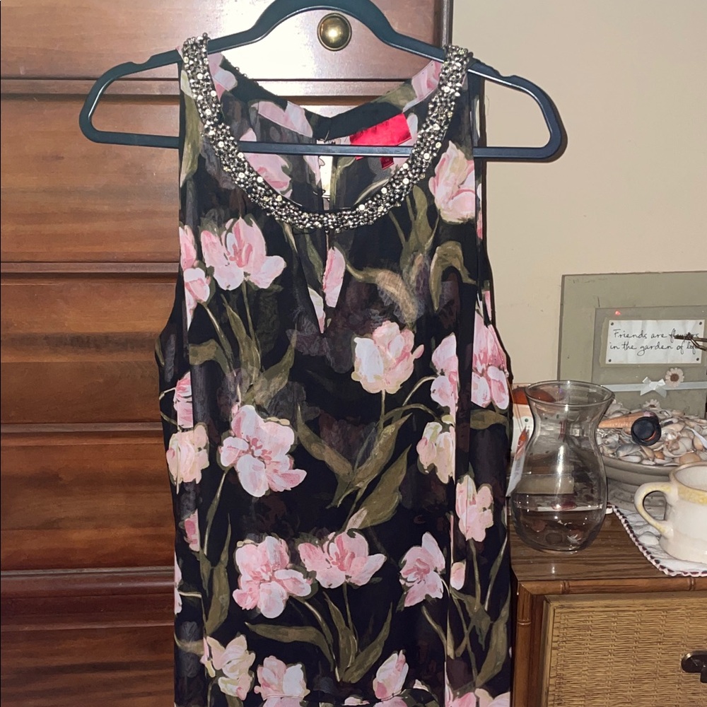 Jennifer Lopez Black Floral Sleeveless Top with Beaded Neckline
